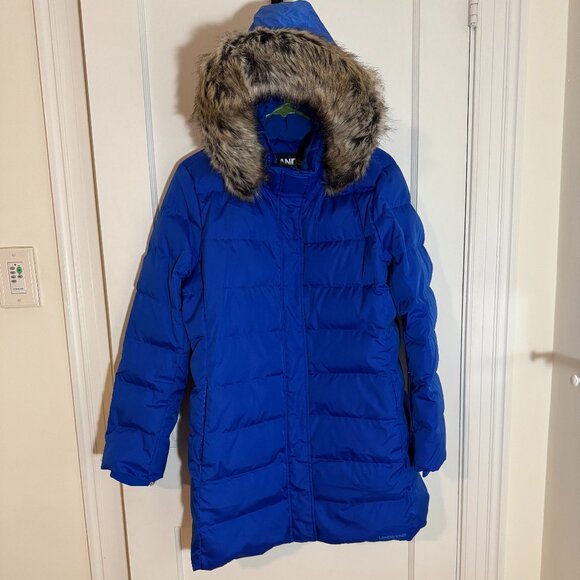 Marine blue down coat for women (size LP) with detachable adjustable hood - Picture 1 of 16